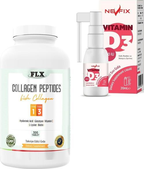Collagen Peptıdes Type 1-3 1000 Mg 300 Tablet + Nevfix Vitamin D3 400 Iu 20 ml Sprey