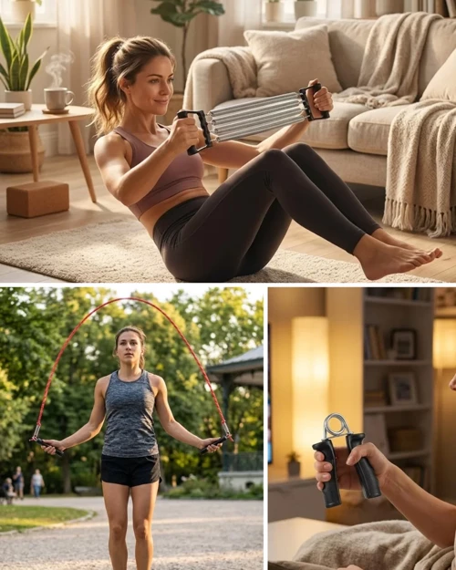 Evde Spor Seti - Atlama İpi, El Güçlendirici ve Karın Aleti ile Evden Fitness