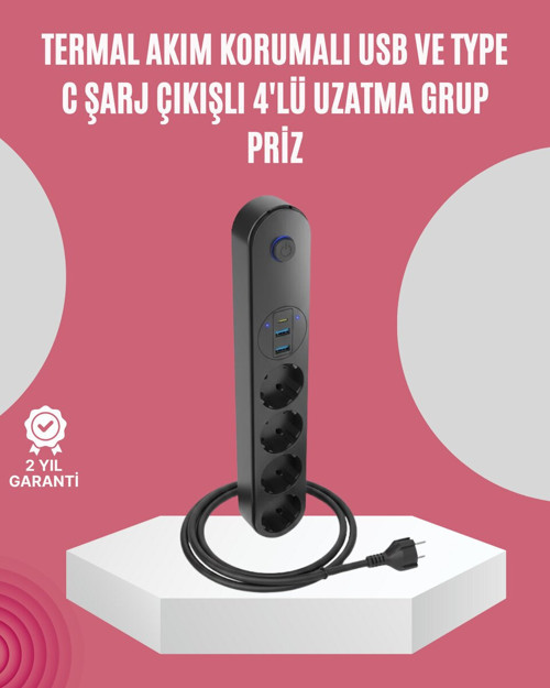 Led Anahtarlı Akım Korumalı Çoklu Priz 4 Priz 3 USB ve Type-C - Ev ve Ofis İçin Güvenli Çoklu Şarj Noktası