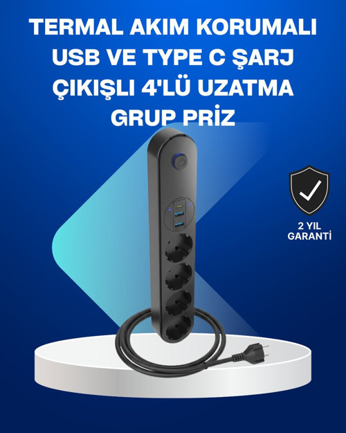 Akıllı Akım Dengelemeli 4'lü Çoklu Priz Type-C ve USB - 2500W Güvenli Çok Fonksiyonlu Priz