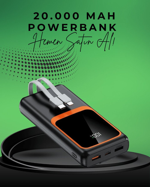 20000 mAh Taşınabilir Powerbank - Çok Kablolu Hızlı Şarj (22.5W)