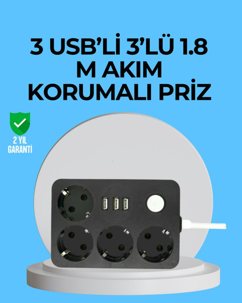 4'lü Akıllı Priz 3 USB Çıkışlı 2500W - Hızlı Şarj ve Güvenli Elektrik