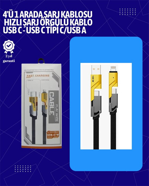 4'ü 1 Arada USB-C ve Lightning Uyumlu 65W Hızlı Şarj Kablo – Örgülü Dayanıklı Tasarım