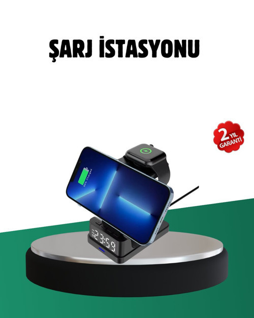 Kablosuz Şarjlı Dijital Masa Saati – Apple Uyumlu 4 İn 1 Şarj İstasyonu Ve Zaman Takibi