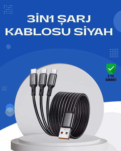 Evrensel 3 Başlıklı Şarj Kablosu - İphone Huawei Samsung 1.2M Dayanıklı Şarj Çözümü