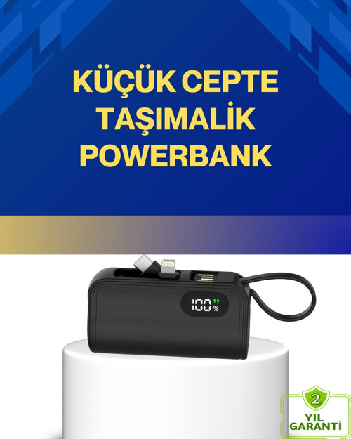 2000mAh Cep Tipi Hızlı Şarj Powerbank - LED Göstergeli ve Kablo Karmaşasız
