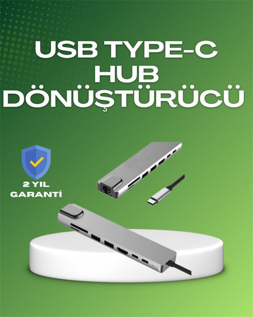 8‑in‑1 Hub – Şarj, Veri, Video ve Ağ Çözümü | 4K HDMI, USB 3.0, RJ45