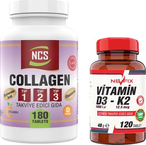 Collagen Type (Tip) 1-2-3 Hyaluronic Acid Vitamin C Glutatyon 180 Tablet Nevfix Vitamin D3-K2 120 Tablet