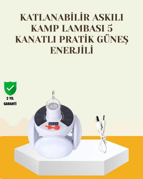 Katlanabilir LED Çadır Lambası – 5 Kademeli Aydınlatma ve Güneş Paneli Şarj