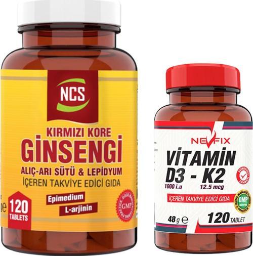 Korean Red Ginseng 120 Tablet Alıç Arı Sütü L Arginin Erkeklere Özel Formül Nevfix Vitamin D3-K2 120 Tablet