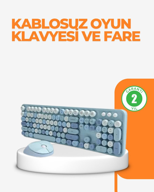 Kablosuz Retro Klavye ve Mouse Seti - 104 Tuşlu Sevimli Tasarım