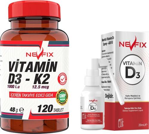 Vitamin D3-K2 120 Tablet Nevfix Vitamin D3 Sıvı Sprey
