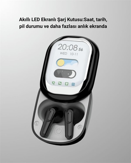 Akıllı Ekranlı Bluetooth 5.4 Kablosuz Kulaklık - Dokunmatik Kontrol ve Şarj Kutulu - Kişiselleştirilebilir Tasarım