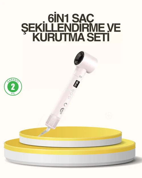 Motorlu Saç Şekillendirme Seti - 6 in 1 LCD Ekranlı İyonlu Fırça