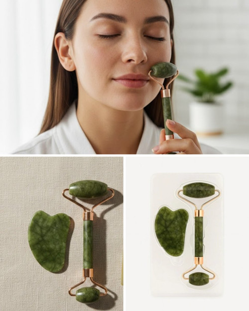 Doğal Yeşim Taşı Yüz Masaj Seti 2 Parça - Gua Sha & Roller ile Cilt Canlılığı