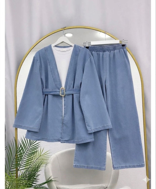 Kadın Kemer Detaylı Kot Kimono Takım - Açık Mavi