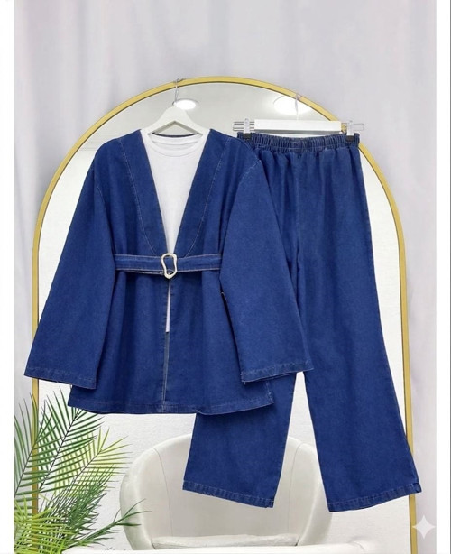 Kadın Kemer Detaylı Kot Kimono Takım - Mavi