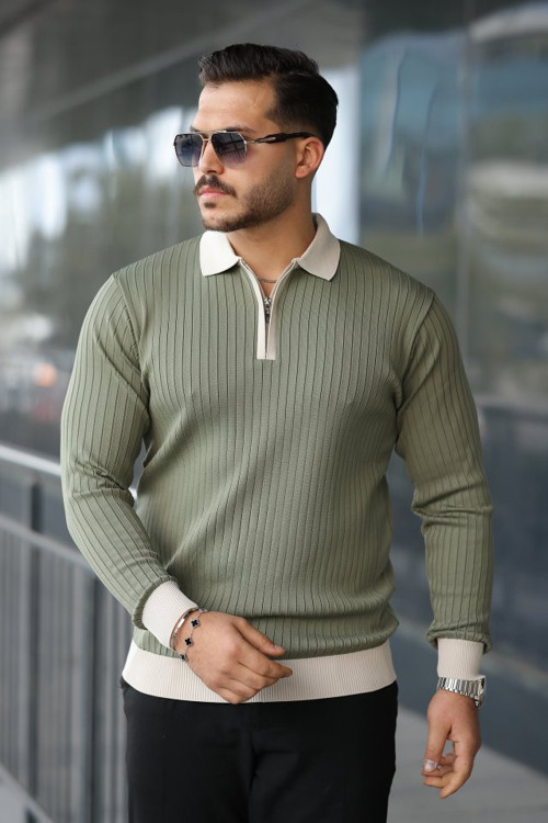 Erkek Kol Ve Yaka Detaylı Uzun Kollu Triko - 2XL - Fıstık Yeşili