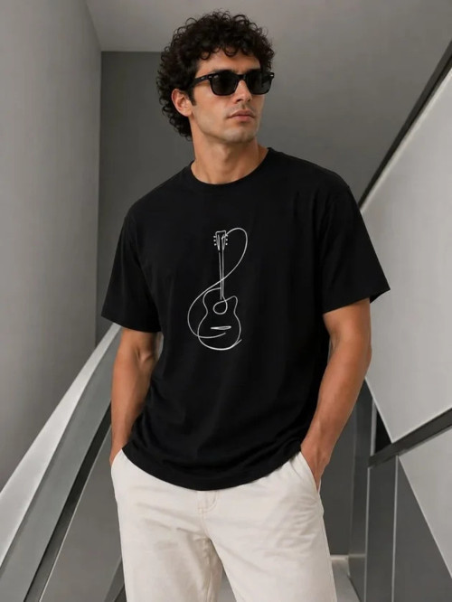 Erkek Minimal Gitar Baskılı Tişört T-Shirt Yazlık Kısa Kol Bisiklet Yaka T-Shirt - Siyah - M - Siyah