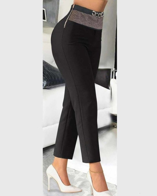 Kadın Yüksek Bel önden Taşlı Ve Tokalı Ithal Krep Pantolon - L-XL - Siyah