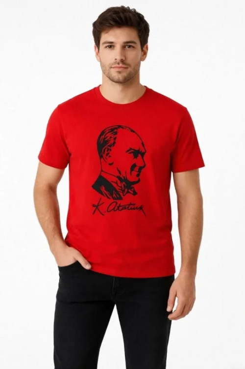 Erkek Atatürk Baskılı Tişört Kısa Kollu Bisiklet Yaka T-Shirt - Kırmızı - M - Kırmızı