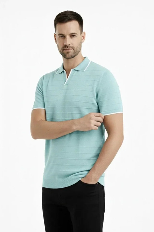 Erkek Triko Kumaş Yakalı Düğmesiz Açık Yaka Fitilli Kısa Kollu Regular Fit Tişört T-shirt - Mint Yeşili - M - Mint Yeşili