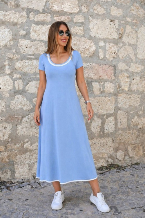 Kadın Kısa Kollu Yuvarlak Yakalı Yakası Renkli Kiloş Midi Viskon Elbise - L-XL - Mavi