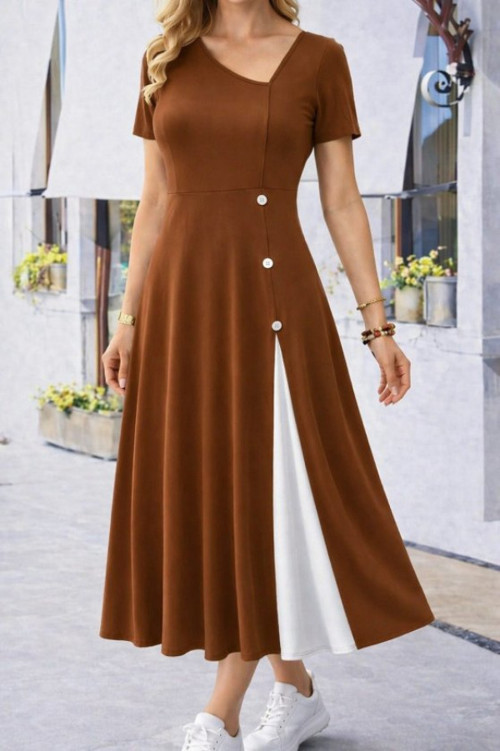 Kadın Kısa Kollu Asimetrik Yakalı Düğme Detaylı Midi Viskon Elbise - L-XL - Kahve
