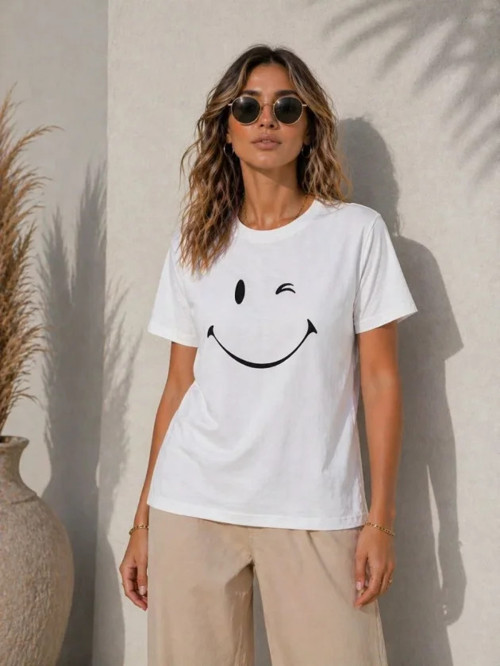 Minimal Gülümseyen Yüz Baskılı Tişört Kısa Kol Yazlık T-Shirt - Beyaz - 2XL - Beyaz