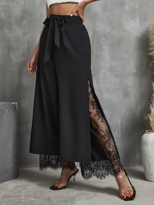 Kadın Yüksek Bel Belden Kuşaklı üst Dalgıç Alt Dantel Detaylı Dalgıç Pantolon - 2XL-3XL - Siyah