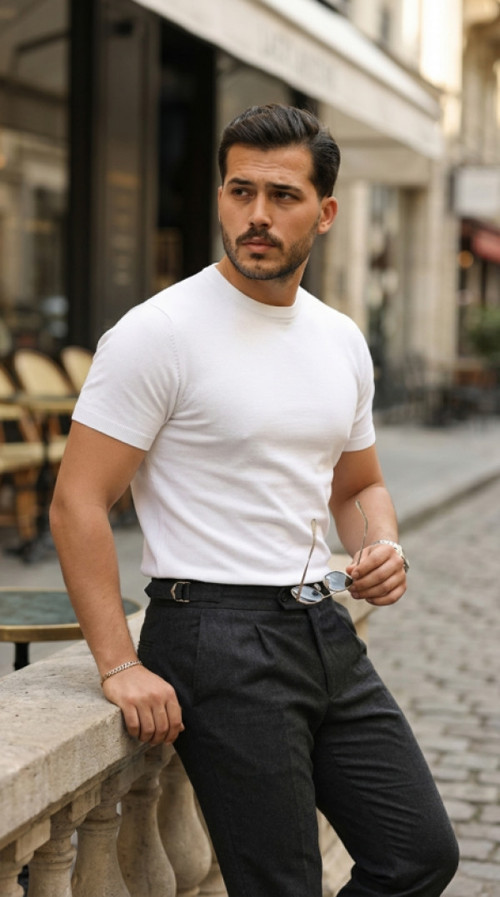 Erkek Basic Bisiklet Yaka Kısa Kollu Triko Tişört - %100 Pamuk Akrilik - 2XL - Beyaz