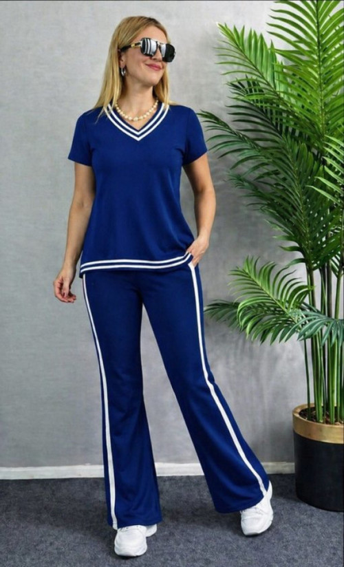 Kadın Kısa Kollu V Yakalı Viskon Iki Iplik Bluz Ve Pantolon Ikili Takım - 2XL-3XL - Saks Mavi