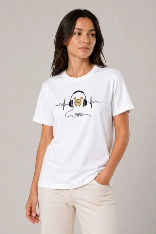 Müzik Temalı Baskılı Tişört Bisiklet Yaka Kısa Kol T-Shirt - Beyaz - M - Beyaz