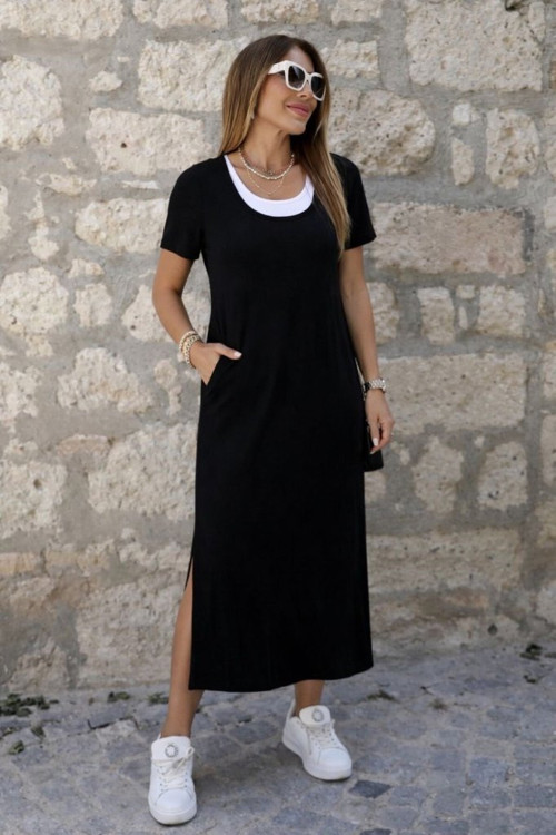 Kadın Kısa Kollu Içi Atlet Görünümlü Yandan Yırtmaçlı Uzun Viskon Elbise - 2XL-3XL - Siyah