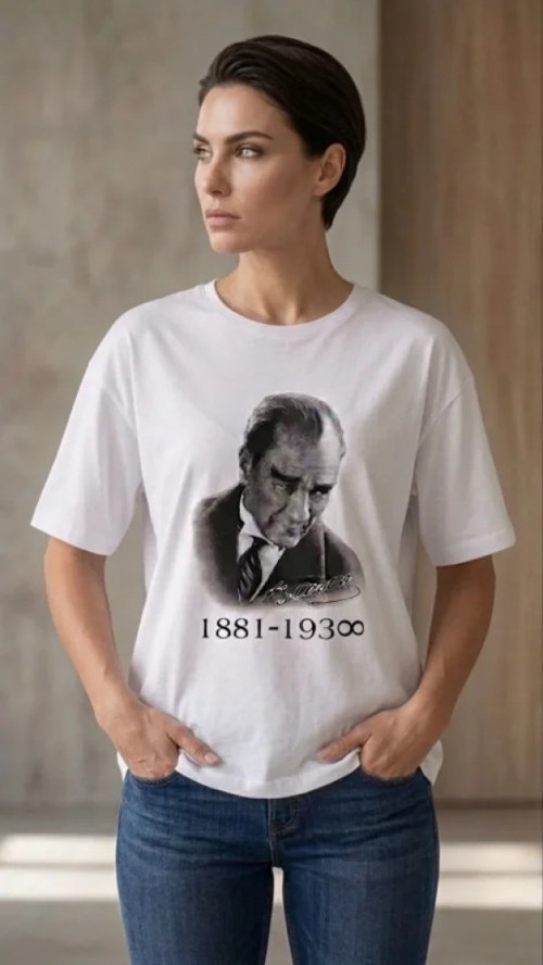 Atatürk Baskılı Tişört Kısa Kollu Bisiklet Yaka T-Shirt - Beyaz - L - Beyaz