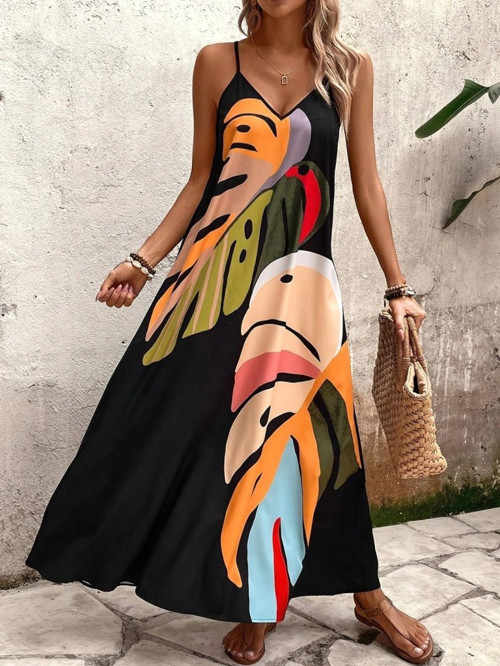 Kadın Ip Askılı V Yakalı Desenli Süprem Maxi Elbise - 2XL-3XL - Siyah