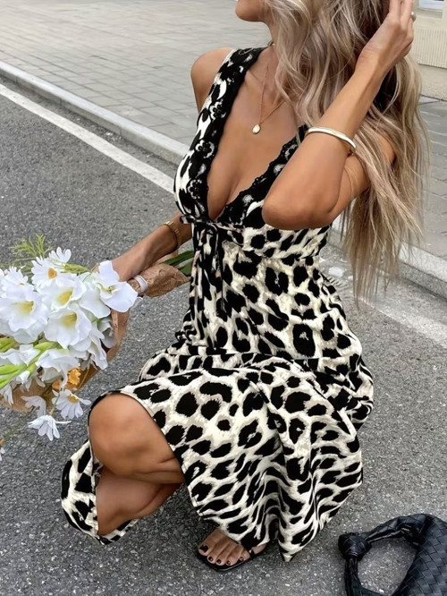 Kadın Askılı Derin V Dantelli Yakalı Bağcıklı Süprem Uzun Elbise - 2XL-3XL - Leopar