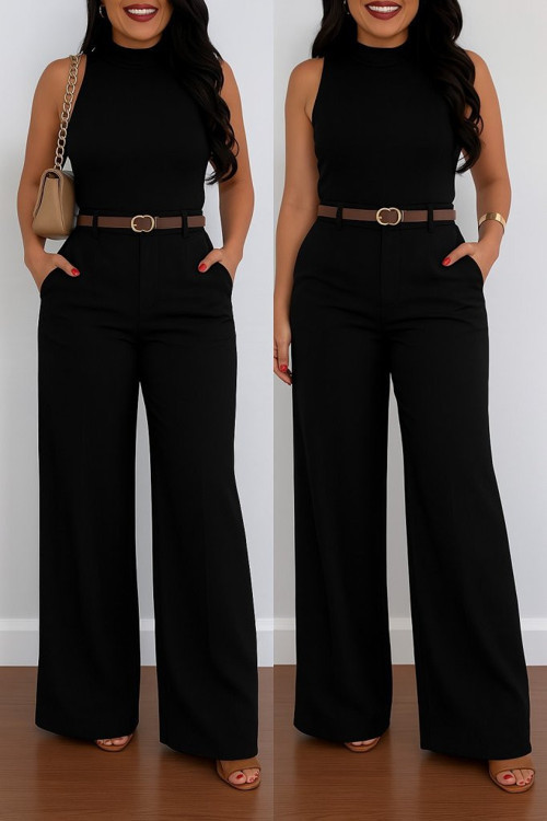 Kadın Yüksek Bel Geniş Paça Detaylı Cepli Ithal Krep Pantolon (kemersiz) - 2XL-3XL - Siyah