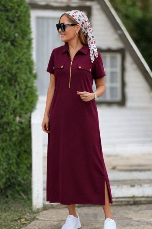 Kadın Kısa Kollu Yakalı Fermuarlı Uzun Viskon Iki Iplik Elbise - L-XL - Bordo