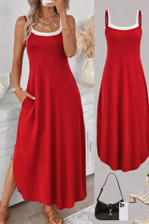 Kadın Ip Askılı Yuvarlak Yakalı Cepli Uzun Viskon Elbise - 2XL-3XL - Kırmızı