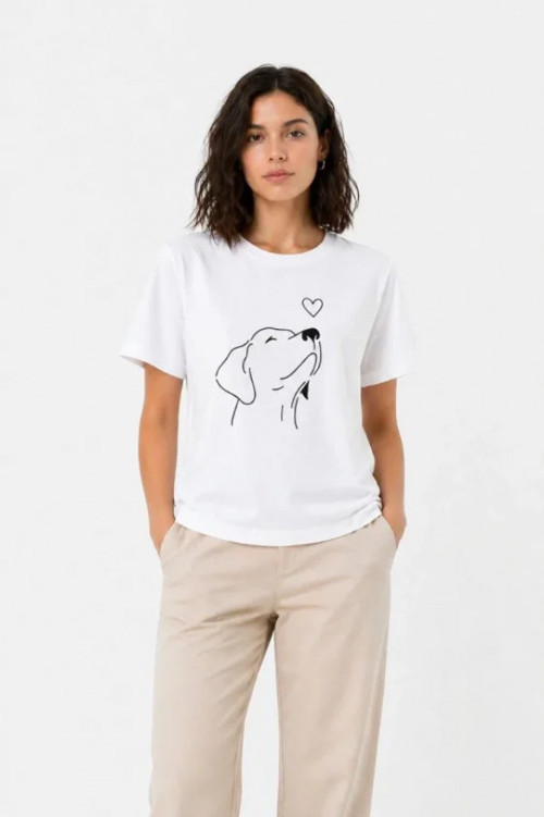 Köpek Figürlü Minimal Baskılı Tişört Kısa Kol Yazlık T-Shirt - Beyaz - M - Beyaz