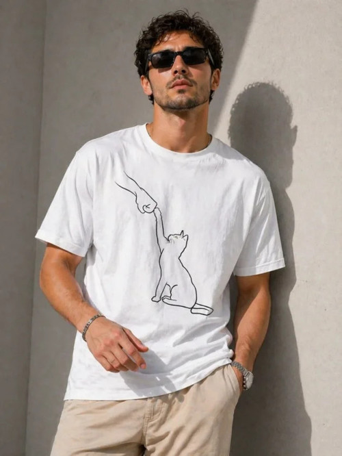 Erkek Minimal Kedi Çizim Baskılı Tişört Kısa Kol Yazlık T-Shirt - Beyaz - S - Beyaz