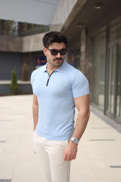 Erkek Polo Yaka Fermuar Detaylı Tişört - XL - Mavi