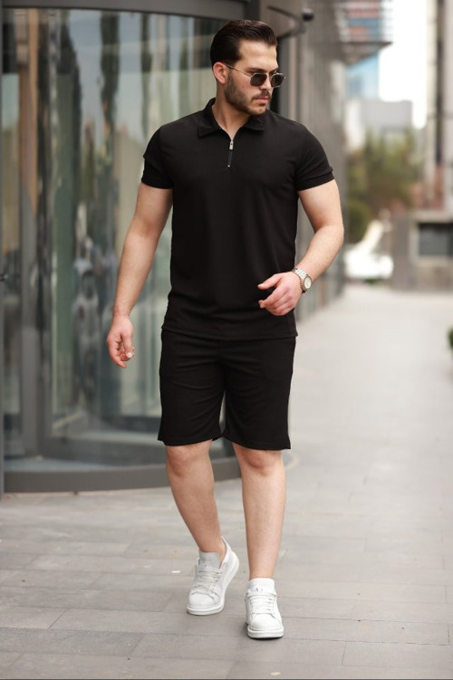 Erkek Yakalı Fermuarlı T-shirt şort Ikili Takım - S - Siyah