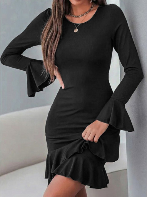 Kadın Uzun Kollu Yuvarlak Yaka Fırfırlı Kol Ucu Volanlı Janjan Krep Mini Elbise - 2XL-3XL - Siyah