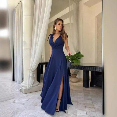 Kadın Askılı Omuzdan Bağlamalı Kruvaze Yakalı Uzun Yırtmaçlı Janjan Krep Elbise - 2XL-3XL - Lacivert