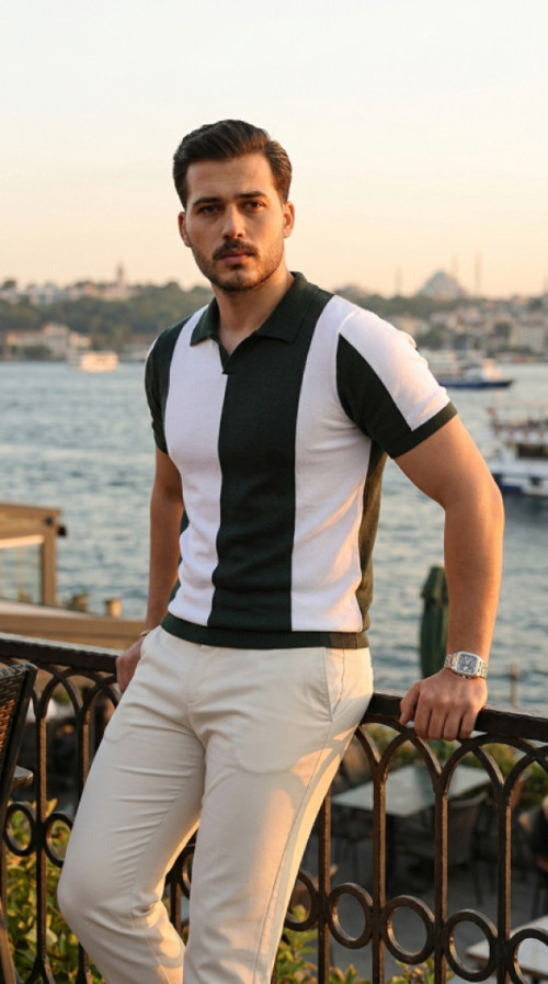 Erkek Kısa Kollu Polo Yakalı Blok Desenli Triko Bluz - STANDART - Yeşil