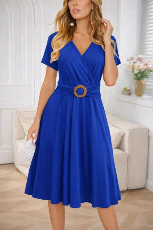 Kadın Kısa Kollu Kruvaze Yakalı önden Toka Detaylı Kısa Viskon Elbise - 2XL-3XL - Saks Mavi