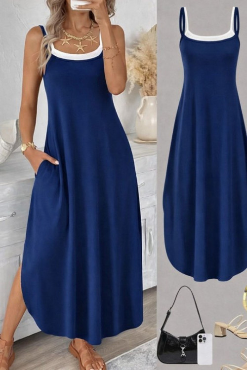 Kadın Ip Askılı Yuvarlak Yakalı Cepli Uzun Viskon Elbise - 2XL-3XL - Lacivert