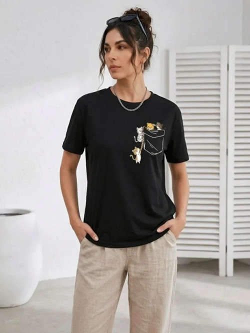 Sevimli Kedi Cep Baskılı Tişört Kısa Kol Yazlık T-Shirt - Siyah - M - Siyah